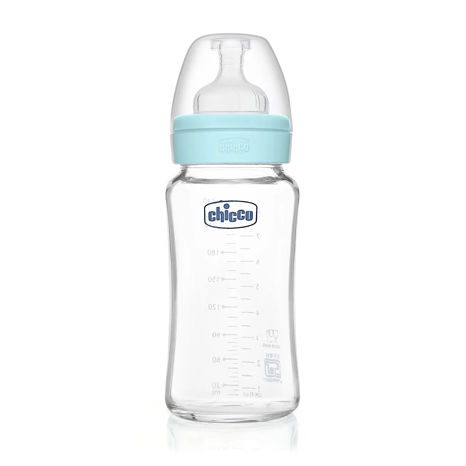 Chicco Well-Being Glass Feeding Bottle – Blue (240 ml)